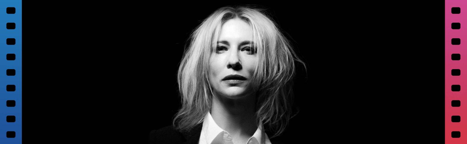 Cate Blanchett wearing a white shirt and black jacket
