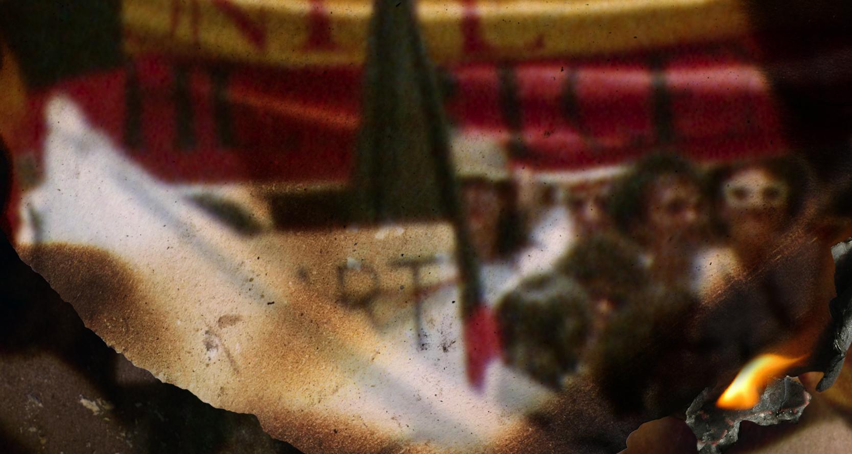 An archival image of an Aboriginal protest. The image has been treated so that the corner of it looks to be on fire and curling inwards