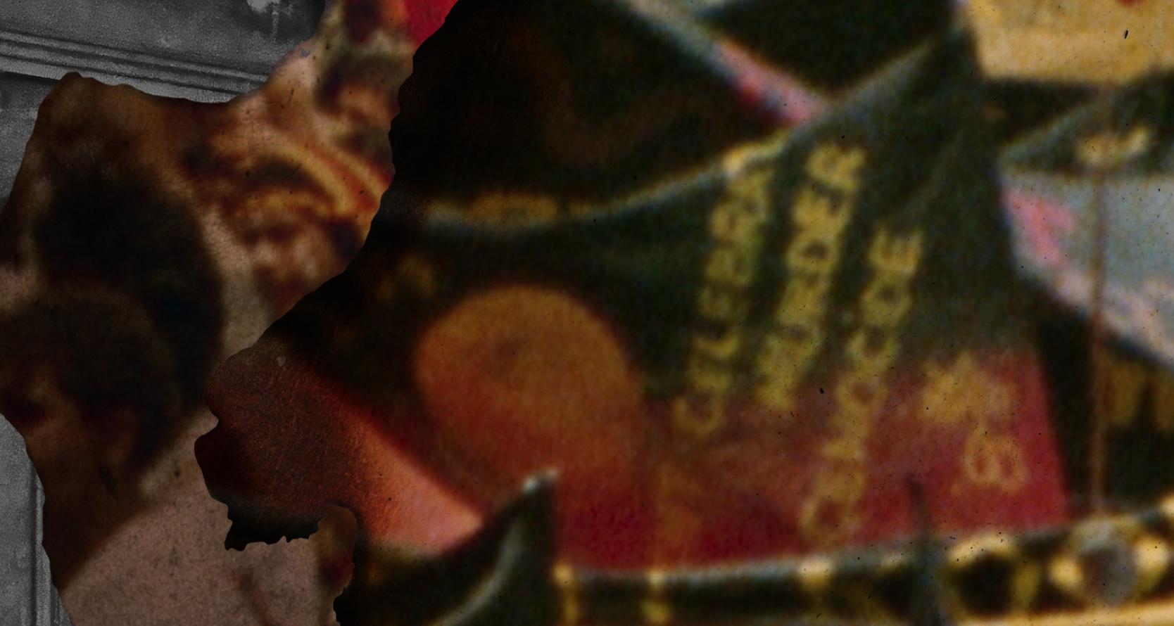 An archival image of an Aboriginal protest flag. The image has been treated so that the corner of it looks to be on fire and curling inwards