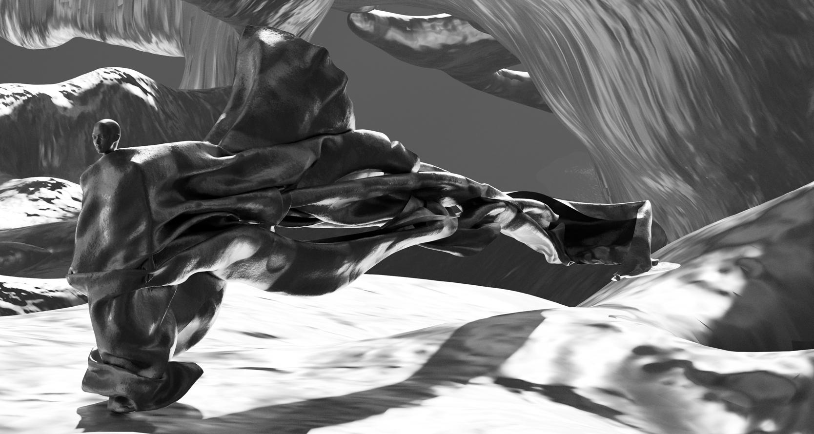 Detail from the art installation Inferno showing a figure draped in flowing cloth standing in an undulating digital landscape.