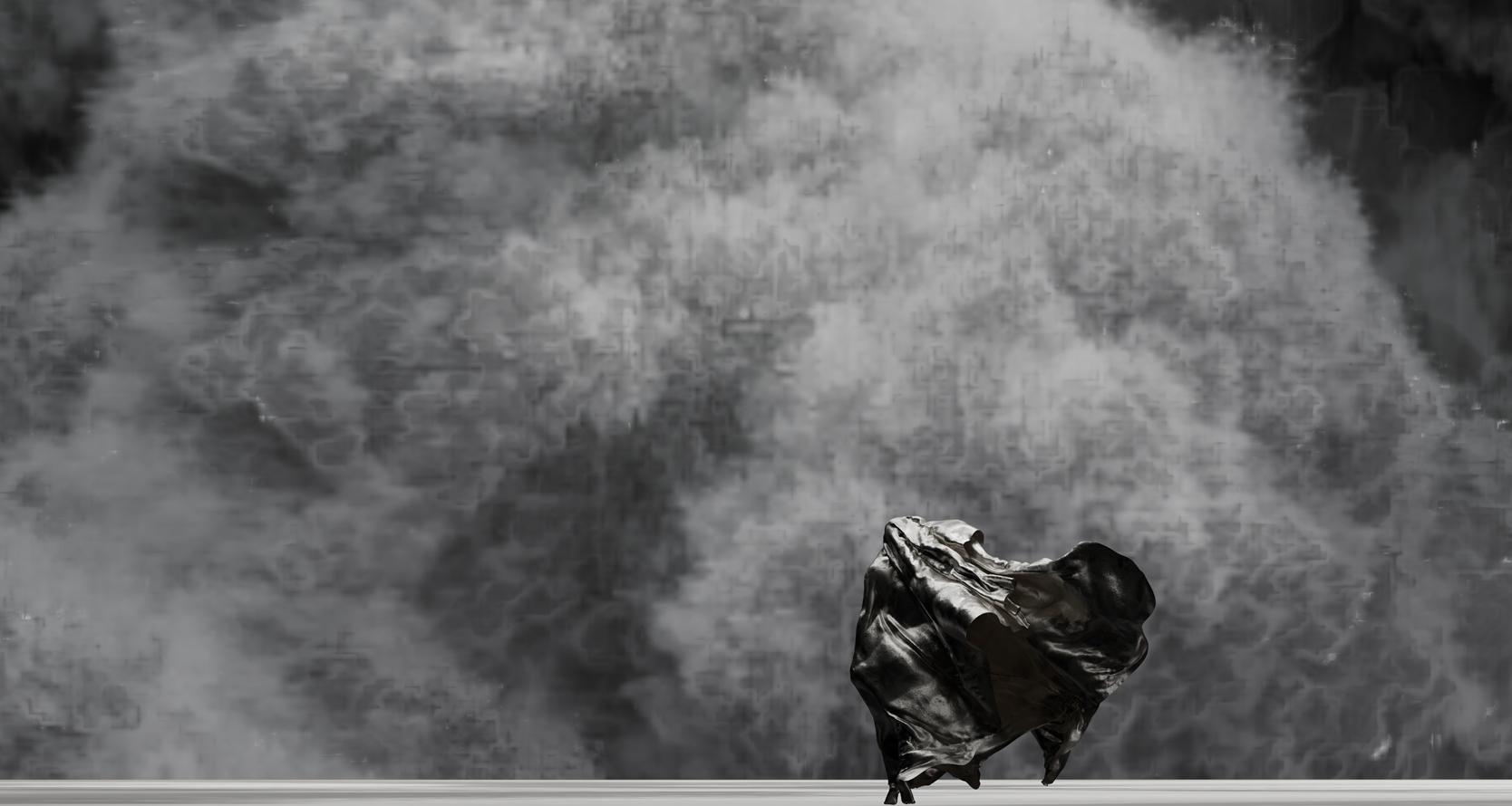 A figure wearing a billowing cloak walks across a flat surface towards a dust storm.