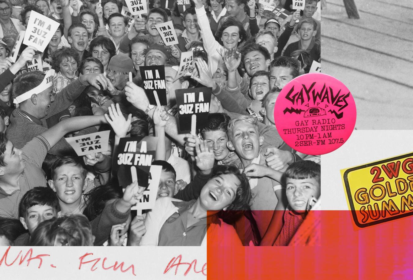 collage of images showing teenagers holding signs and cheering, a record label and handwriting.