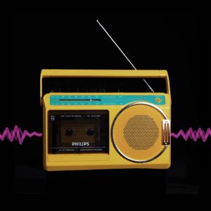 A yellow radio cassette recorder with an aerial pictured in front of a pink soundwave
