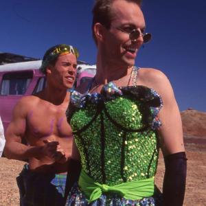Terence Stamp, Guy Pearce and Hugo Weaving on the set of Priscilla.