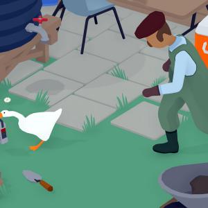 A screenshot from a video game featuring a goose being chased by a farmer.