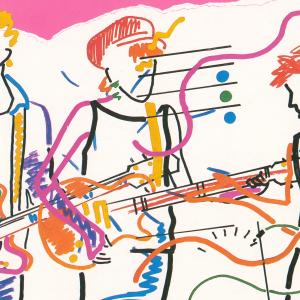 1980s graphic showing a sketch outline of a band drawn in bright colours.