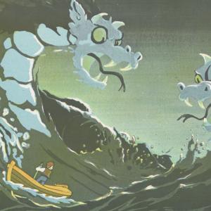 Two dragons rise up out of the ocean and face off against each other while a boy in a rowboat tries to steer a path between them.