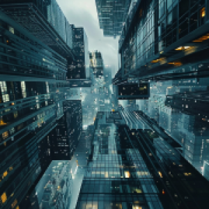 Looking up at city skyscrapers