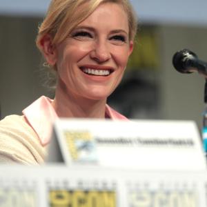 Cate Blanchett answering questions at a Comic Con media conference