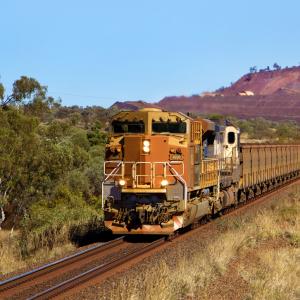 A loaded ore train leaving the Mount Whaleback mine site at Newman in Western Australia