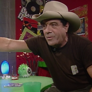 Molly Meldrum wearing an akubra hat presenting on music TV show Countdown