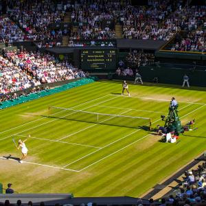A tennis championship singles match taking place at Wimbledon