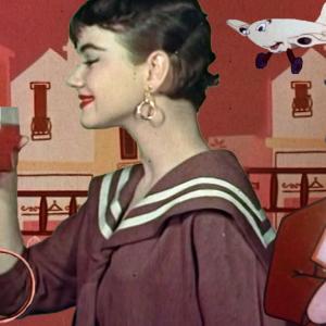 A collage of different advertising images including a man on a bicycle, Louie the Fly, a smiling cartoon aeroplan and a man holding a box of Bushell's tea surround a large image of a woman drinking orange soda.