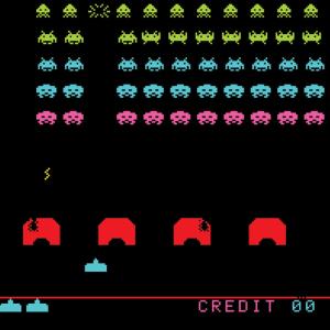 Computer graphics of Space Invaders computer screen.