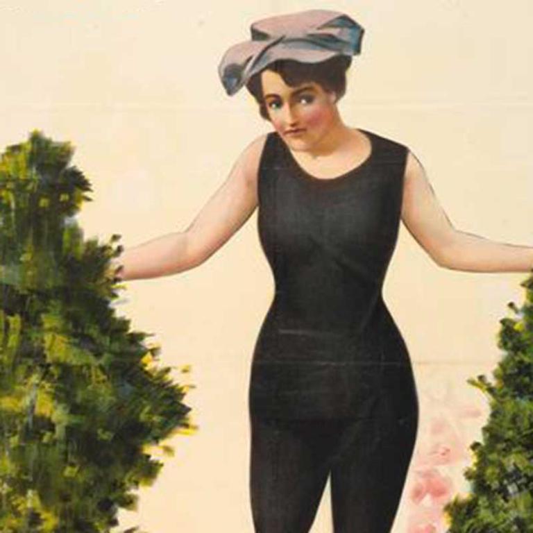 Section of a poster featuring an image of swimmer and silent movie star Annette Kellermann wearing a one piece bathing suit.