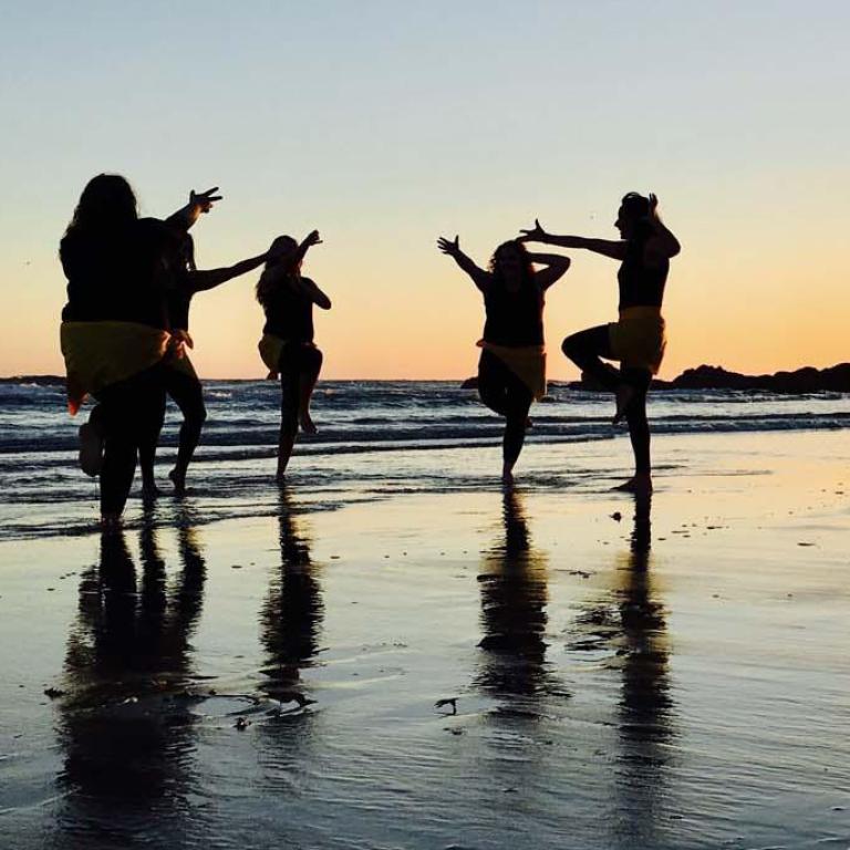 Silhouettes of a group of Indigenous dancers on a beach at sunset.