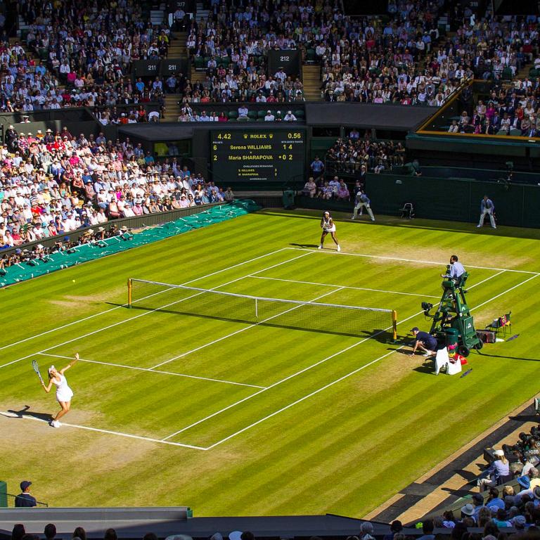 A tennis championship singles match taking place at Wimbledon