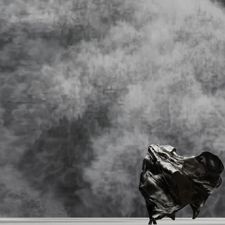 A figure wearing a billowing cloak walks across a flat surface towards a dust storm.