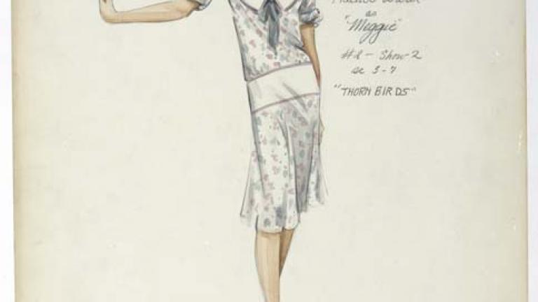 Thorn Birds costume design_white drop-waist dress ORIGINAL COSTUME DESIGN DEPICTING A WHITE DROP-WAISTED DRESS WITH A PINK AND TEAL PATTERN WORN BY RACHEL WARD