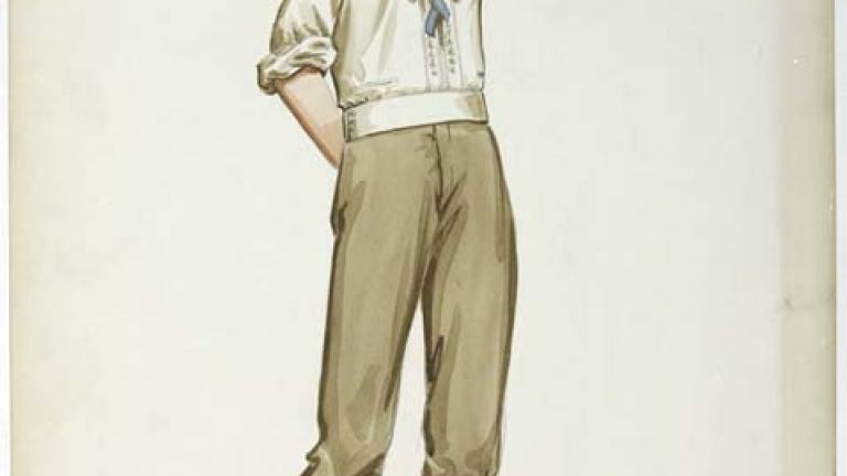 Thorn Birds costume design_cream blouse with blue bow ORIGINAL COSTUME DESIGN DEPICTING A CREAM COLOURED BLOUSE WITH A BLUE BOW, A BROWN PAIR OF TROUSERS AND A PAIR OF BROWN LACE UP BOOTS WORN BY RACHEL WARD