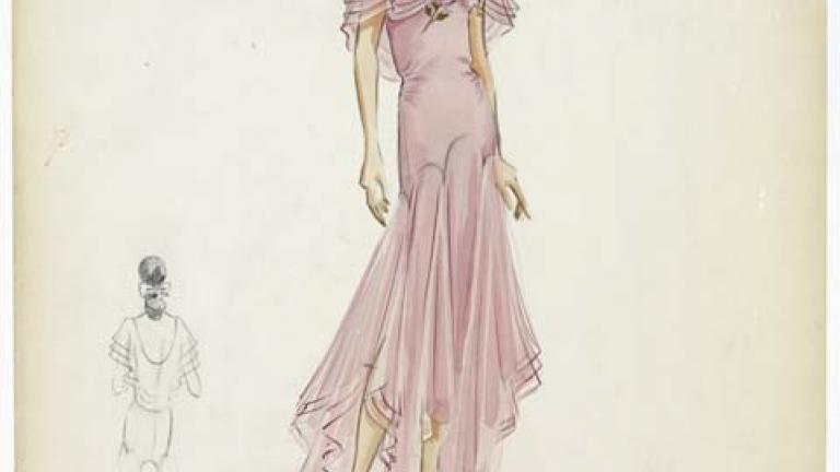 Thorn Birds costume design_rose coloured gown ORIGINAL COSTUME DESIGN DEPICTING A ROSE COLOURED BIAS CUT GOWN WITH A PINK CORSAGE PINNED TO THE LEFT SHOULDER WORN BY RACHEL WARD