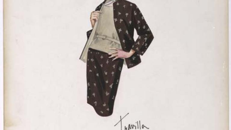 Thorn Birds costume design_brown and taupe skirt suit ORIGINAL COSTUME DESIGN DEPICTING A BROWN AND TAUPE SKIRT SUIT, TAUPE COLOURED BLOUSE AND NECK SCARF