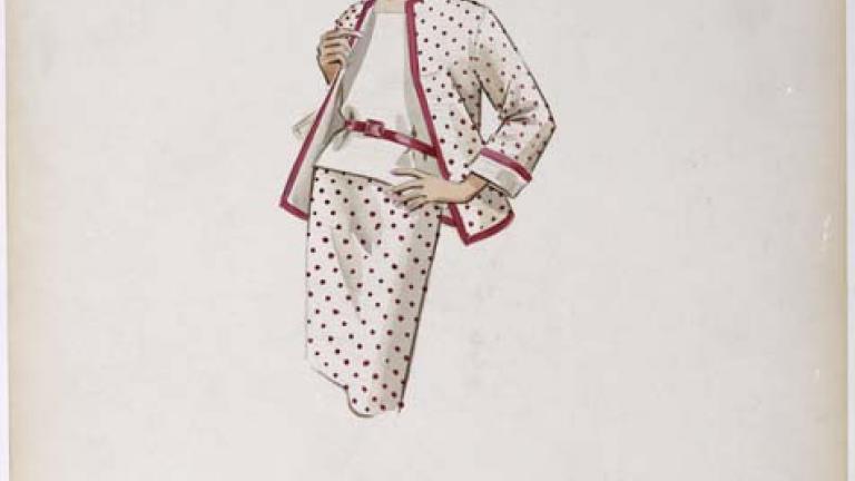 Thorn Birds costume design_cream and cerise polka dot skirt ORIGINAL COSTUME DESIGN DEPICTING A CREAM AND CERISE POLKA DOT SKIRT SUIT AND CERISE BELTED CREAM COLOURED BLOUSE