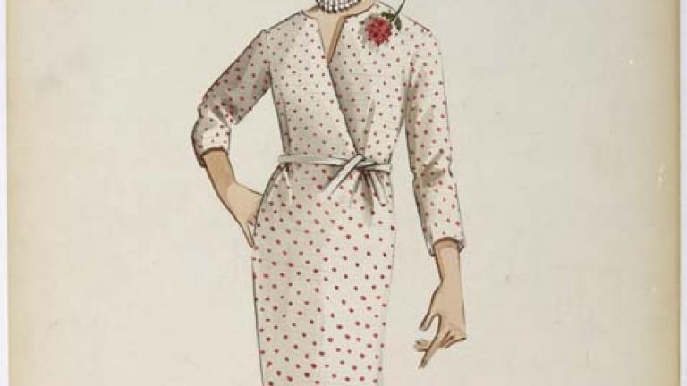 Thorn Birds costume design_cream and red polka dot dress ORIGINAL COSTUME DESIGN DEPICTING A CREAM AND RED POLKA DOT DRESS WITH RED CORSAGE PINNED TO THE LEFT SHOULDER
