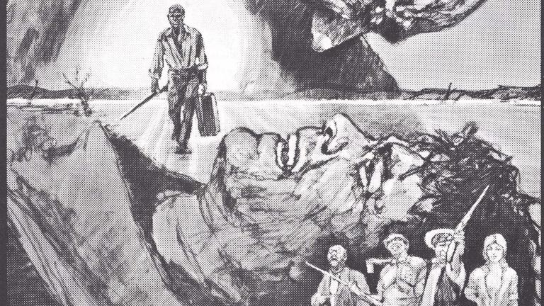 Black-and-white poster for the film Outback (AKA Wake in Fright) with hand-drawn images of two men wrestling, a man walking and carrying a rifle and a suitcase and four standing figures, two of them holding rifles