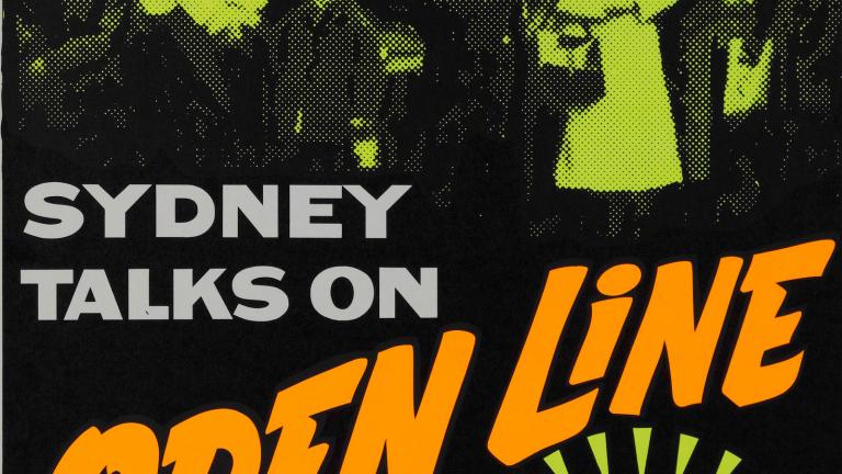 A poster showing a diverse group of people, with the text: Sydney Talks on Open Line. 1pm Mon to Fri on 2UE