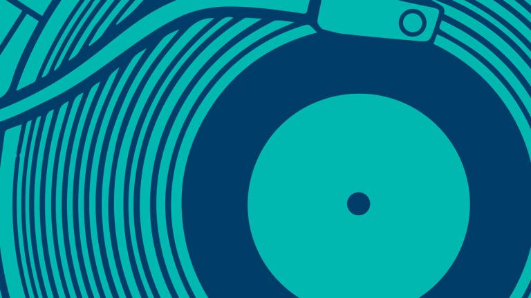Aqua and blue graphic of a record being played on a record player. Aqua and blue graphic of a record being played on a record player.