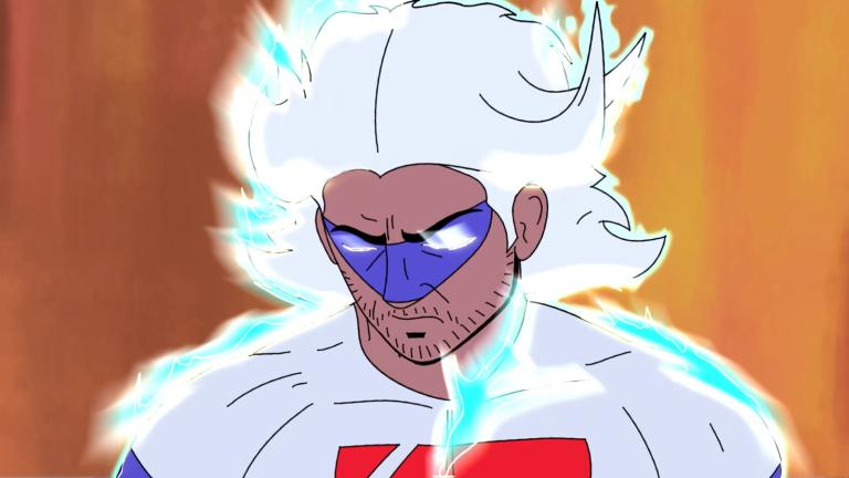 Animation cell of a head and shoulders image of a superhero figure with white hair and a white shirt and wearing a superhero mask over his eyes. He is looking downwards and his eyes are glowing white and his body is emanating light.