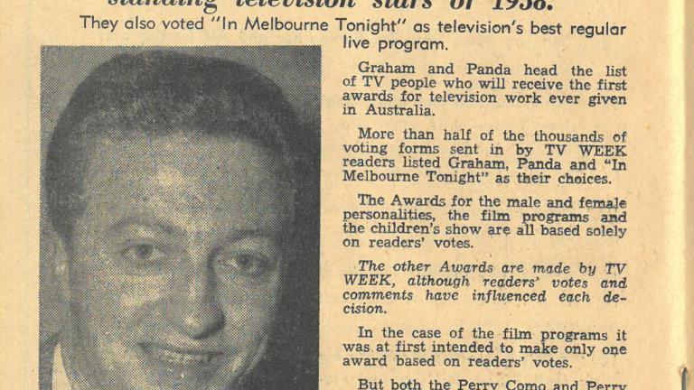 A page from TV Week magazine from January 1959. The headline reads "TV Week announces its 1958 TV awards". The page also features a picture of TV host Graham Kennedy on the left and a block of copy on the right.