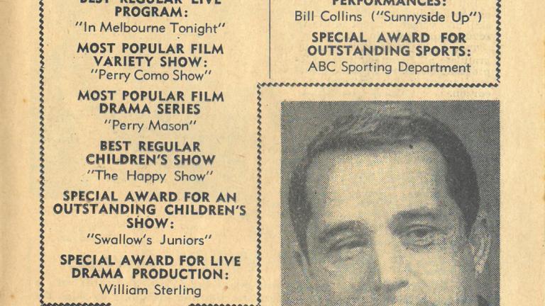 A page from TV Week magazine from January 1959. The headline reads "HERE ARE WINNERS". The page also features a picture of singer Perry Como and a list of winners from the TV Week awards.
