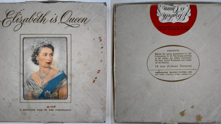 Front and back of a box with Queen Elizabeth II on it.