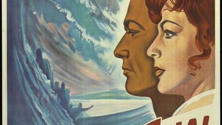 Argentinian poster: On the Beach Profile of Gregory Peck and Ava Gardner.and a stylised image of a wave, people and land in the distance in different shades of blue. The film's title is in Spanish, La Hora Final in red font on the bottom of the poster.