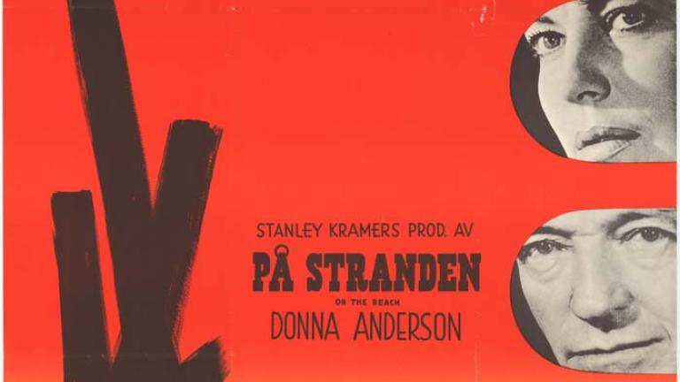 Swedish poster: On the Beach Sunset-coloured poster 'Pa Stranden'. Image depicts a submarine and black vertical shape near bottom left with black and white images of the film cast in a column at right. Printed signature 'ABERG' at bottom left.