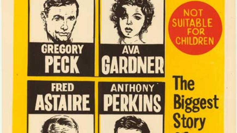 Australian daybill: On the Beach At the top is a large red square with text in white. The centre contains black and white portraits of the four main cast members, and diagonally across the bottom the title appears in black. The background is bright yellow.