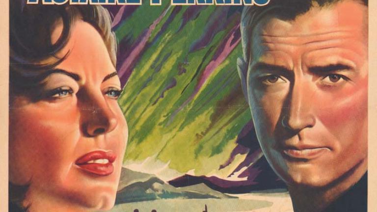 Belgium poster: On the Beach Landscape illustration of a lake with submarine. 3 figures and a green and purple sky. A woman's and man's face flank the poster. Film title in yellow at the bottom.