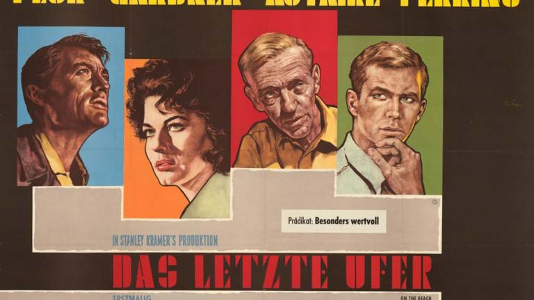 German poster: On the Beach 4 colour images of the leading actors in boxes with their names above. The film's title in red below.