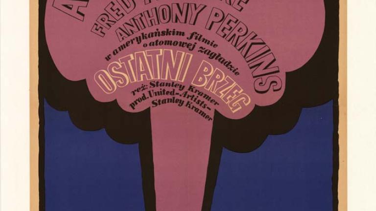 Polish poster: On the Beach Main image is a purple mushroom cloud with black outline and blue background. Within the mushroom cloud are the cast credits in black outline followed by the film title in white outline, followed by Stanley Kramer credits in black outline.