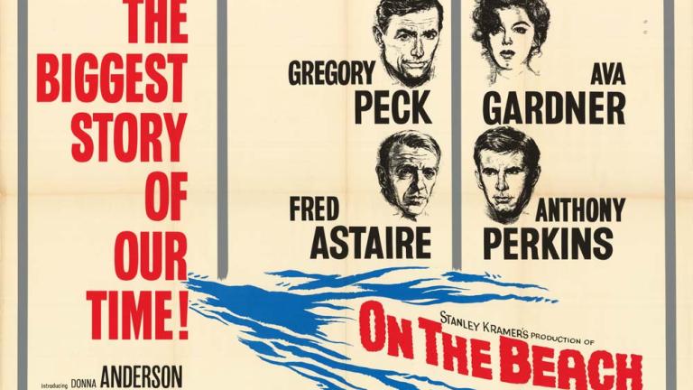 UK quad poster: On the Beach Left side reads in red 'the biggest story of our time!' Centre and right side contain four portrait illustrations of actors. Underneath reads 'Stanley Kramer's production of On the Beach,' with blue wave pattern cutting across grey border divisions.