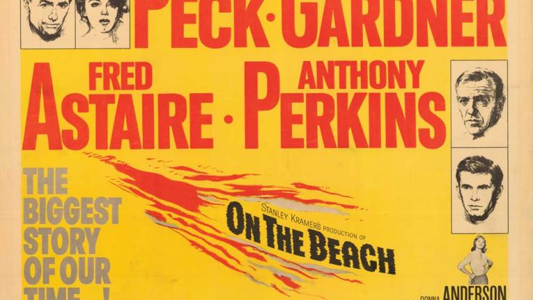 US half-sheet poster: On the Beach Yellow background with actor's credits in red. Four black and white boxed images of main actors' faces. Title diagonal in bottom half together with stylised red coloured shoreline, with text 'The biggest story of our time...!' on left.