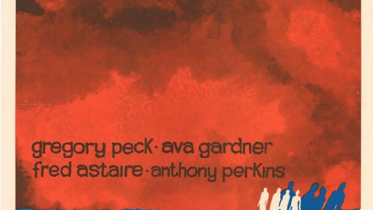 US one-sheet poster: On the Beach Orange/red background. Images of four people in white with their shadows in blue. Names of cast in centre.