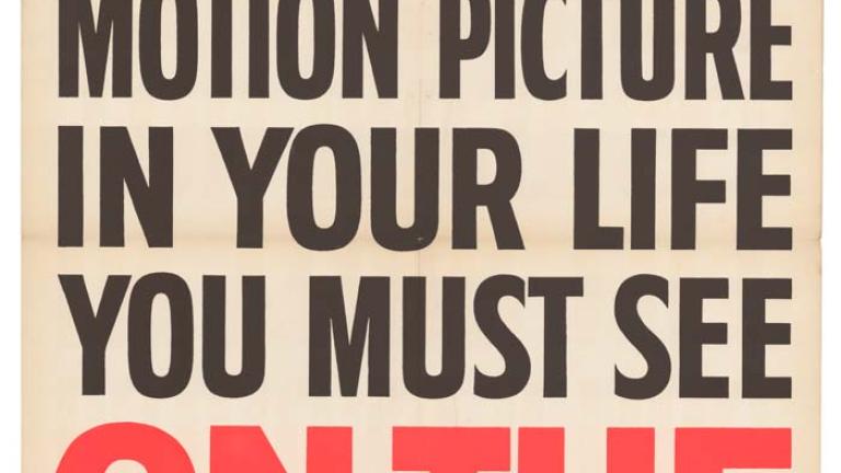 US one-sheet teaser poster: On the Beach Comprises white background with black text reading 'If you never see another motion picture in your life you must see' orange text reads 'On the beach'