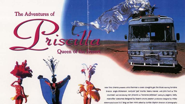 Australian daybill: Australian daybill poster: The Adventures of Priscilla, Queen of the Desert Image of bus travelling across desert with drag queen on top in large, flowing silver costume. Three drag queens in bottom left hand corner.