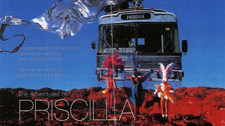 Alternative daybill poster: The Adventures of Priscilla, Queen of the Desert Image of bus travelling in desert setting with a drag queen riding on top dressed in a silver, flowing costume. Image is bordered by two drag queens dressed in silver sequined costumes and headresses.