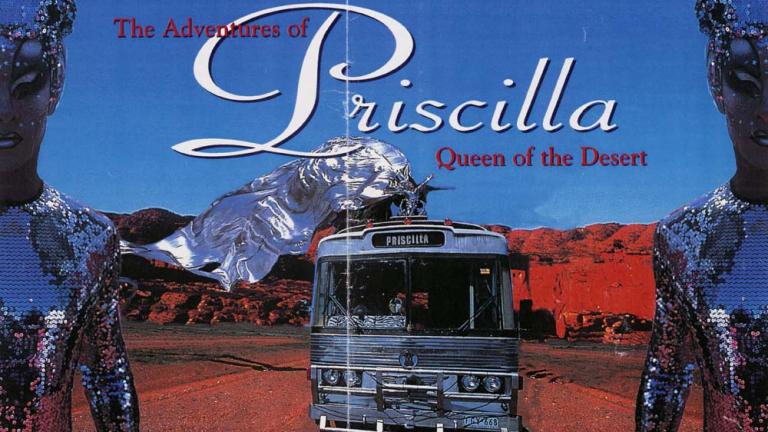 Alternative daybill poster: The Adventures of Priscilla, Queen of the Desert Image of bus travelling in desert setting with a drag queen riding on top dressed in a silver, flowing costume. Image is bordered by two drag queens dressed in silver sequined costumes and headresses.