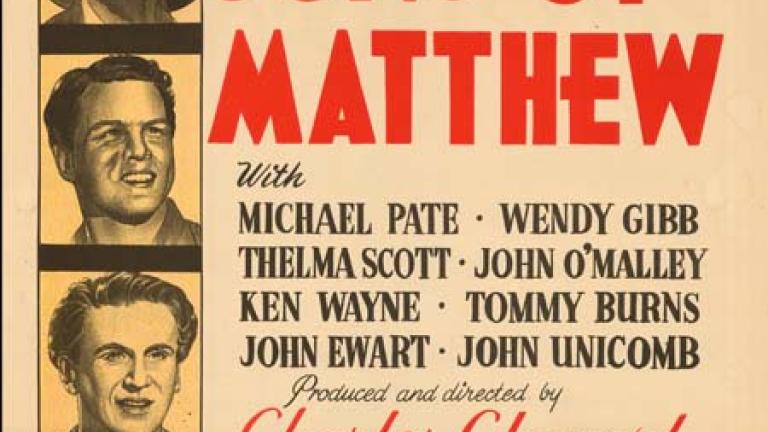 Australian daybill poster (second version): Sons of Matthew Four boxed images of the characters are represented on the far left, title in the centre. Image of galloping horses and man on horseback at the top and a woman and man embracing below.