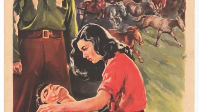 Italian daybill: Sons of Matthew In the foreground is of a woman in a red shirt tending an injured man with another man in a green shirt looking on. In the background are horses stampeding from a fire.